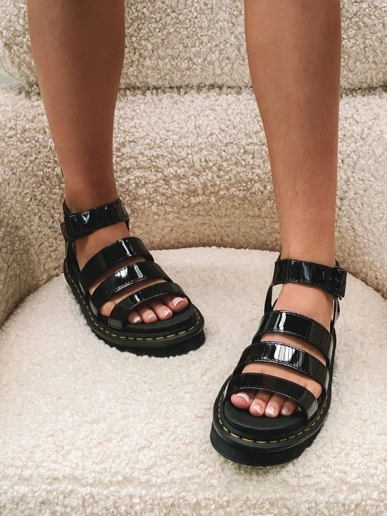 Dr. Martens Shoes - Dr. Martens Black Patent Leather Triple-Strap Platform Sandals